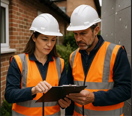 Retrofit coordinator and assessor reviewing PAS 2035 compliance documentation