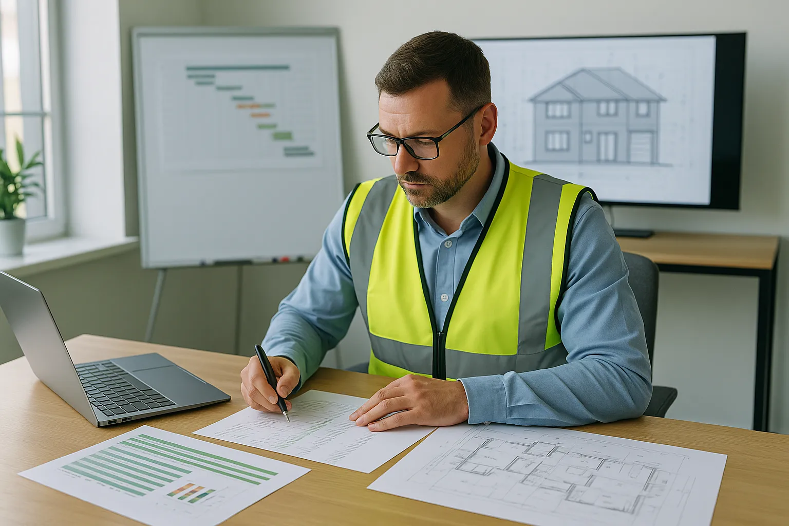 Retrofit Project Manager reviewing project schedules and budget plans in an office environment.