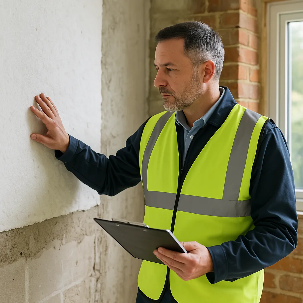 Retrofit Project Manager inspecting insulation works for PAS 2035 compliance.