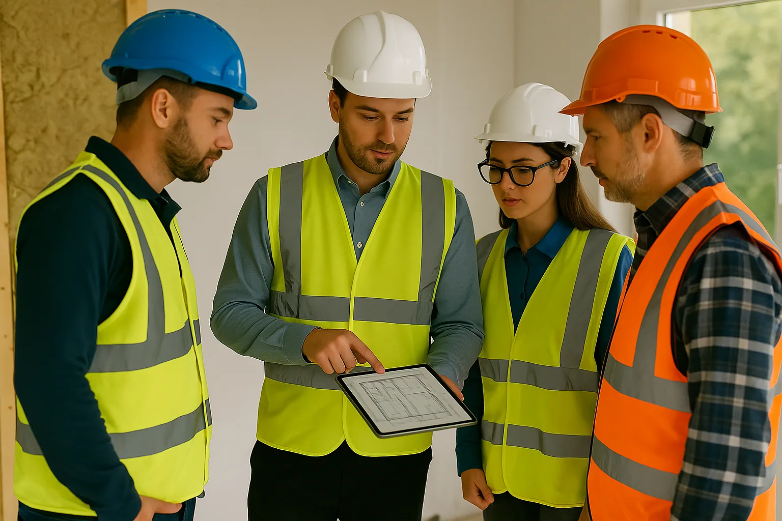 Project Manager conducting retrofit site meeting with installers and coordinators.