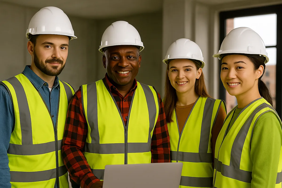Skilled retrofit workers completing insulation and ventilation tasks inside a West Midlands home