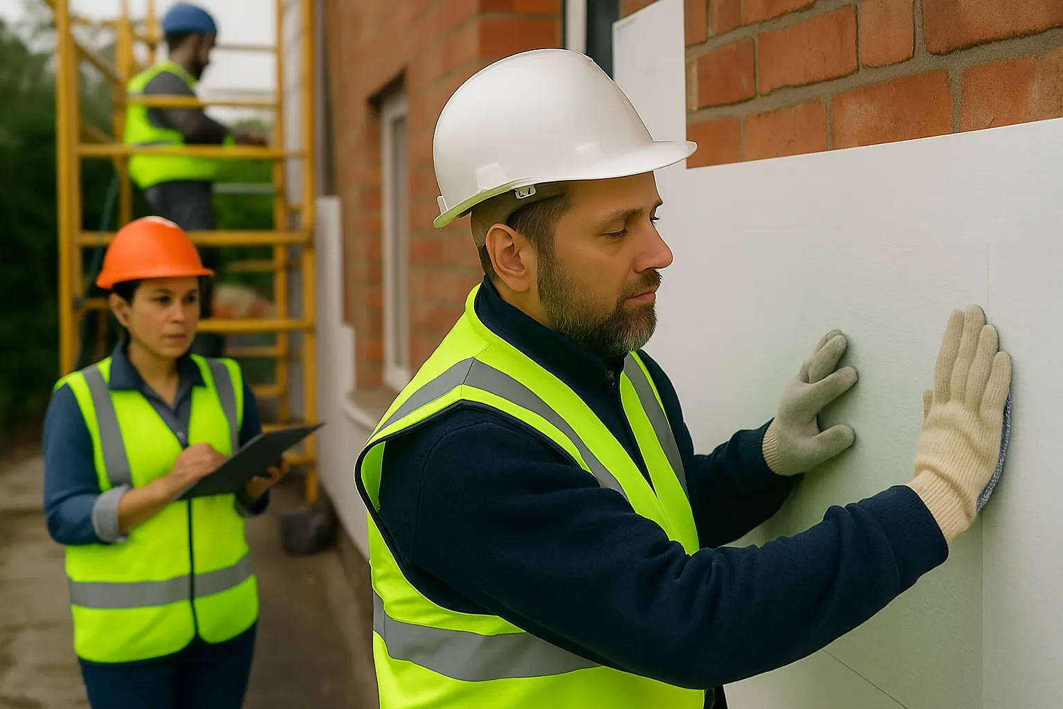 Retrofit Coordinator checking PAS 2035 compliance paperwork on site
