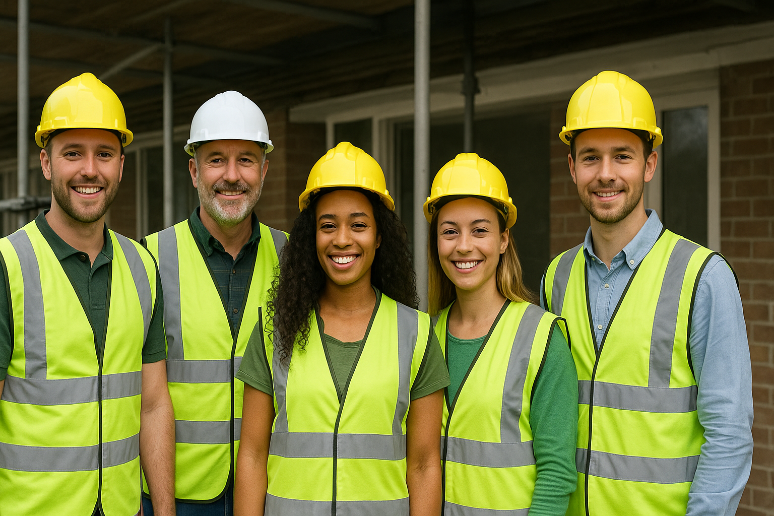 Five diverse retrofit professionals in high-vis jackets and hard hats on construction site — delivering ECO4, SHDF, GBIS, PAS 2030 and PAS 2035 projects across the UK