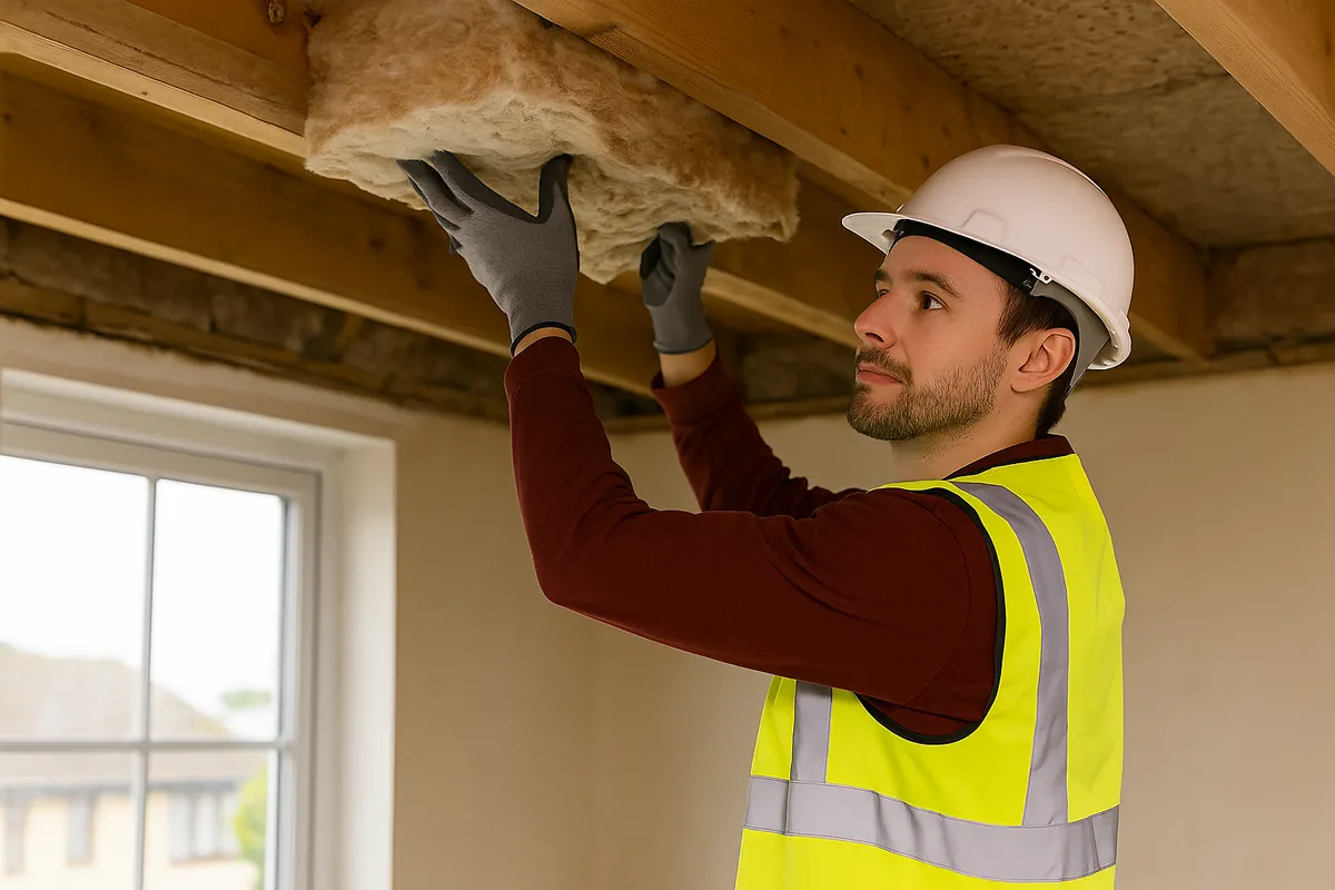 Retrofit professional installing loft insulation in a UK home to improve energy efficiency.